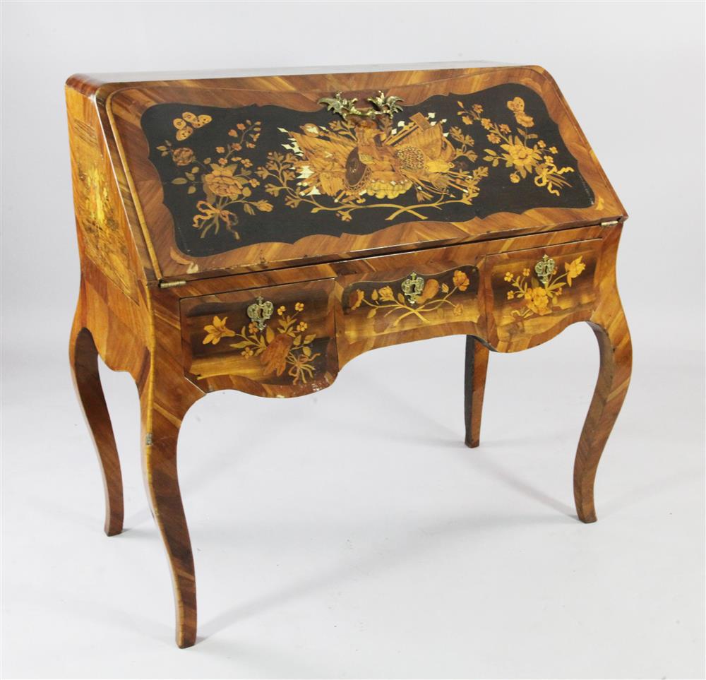 A German rococo marquetry bureau de dame, in the manner of the Spindle Brothers, W.3ft 2.5in.